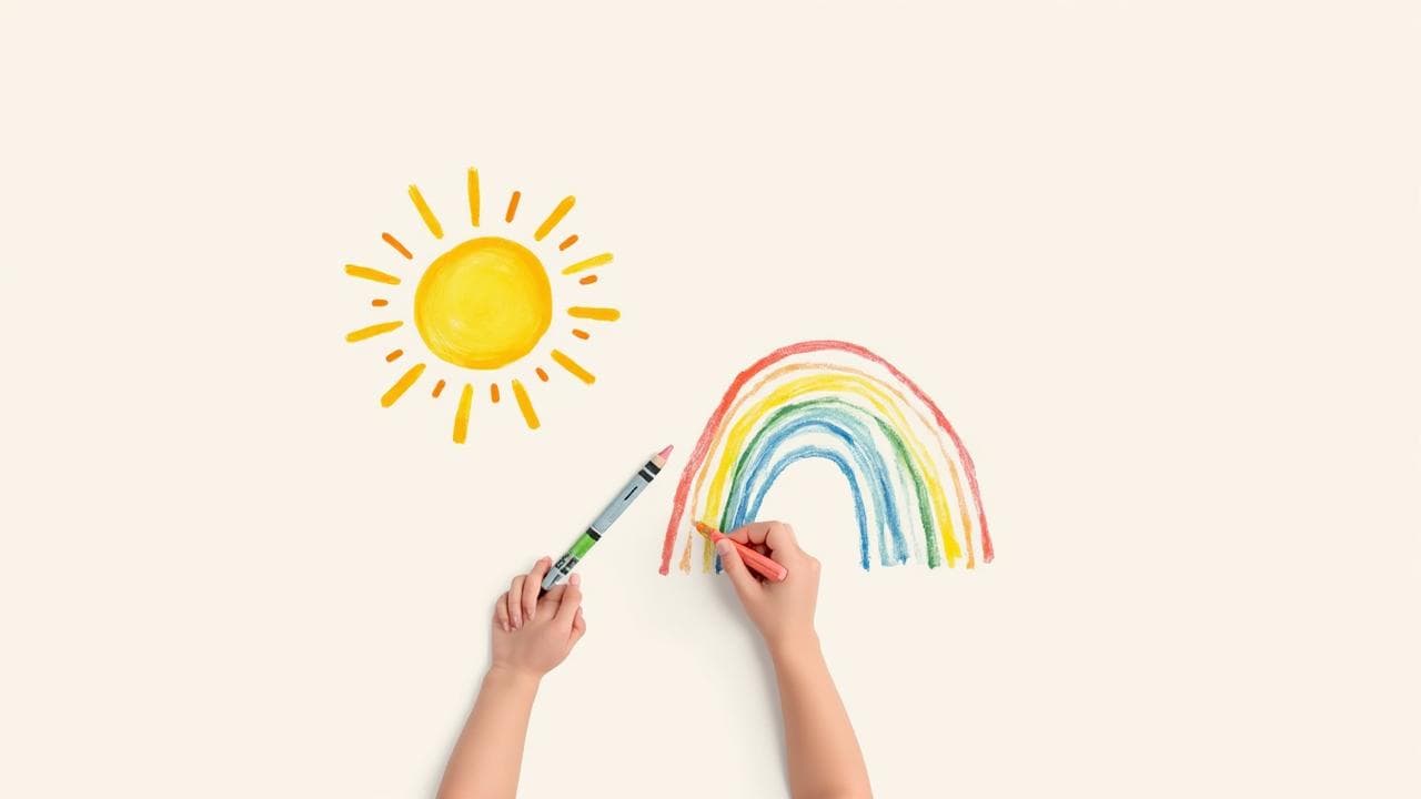 Child drawing a rainbow and sun
